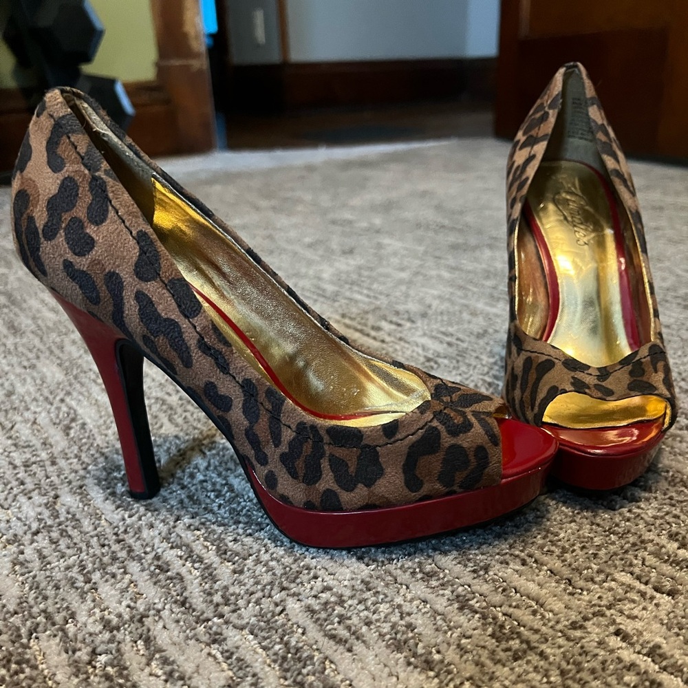 Candies leopard and red peep toe heels